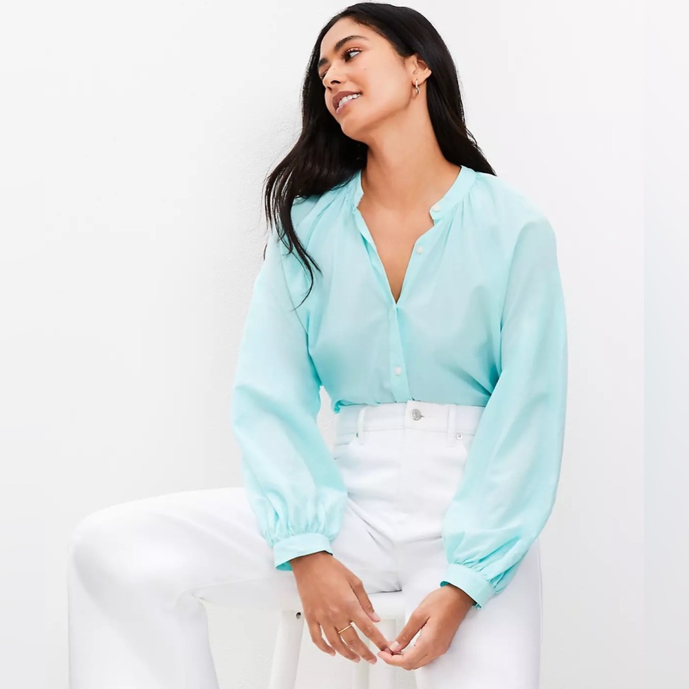 Ann Taylor Loft Shirred Blouse in Mint Blue